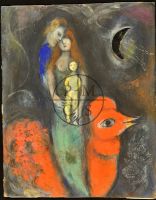 ORIGINAL DRAWING BY MARC CHAGALL, LA FAMILLE ET LE COQ ROUGE
