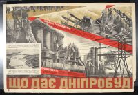 Industrial Scene Power Lines Factories Workers Red and Gold Motif