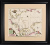 Map by Pieter Goss, A Dutch Hand Colored Copper Engraved Sea Chart Pascaart Van De Noord Zee 17th Century cartouche inscribed Pascaart van de Noord Zee van Texel tot de Hoofden. Nieulycx/'t Amsterdam Bij Pieter Goos.