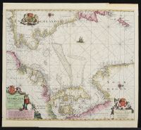 Map by Pieter Goss, A Dutch Hand Colored Copper Engraved Sea Chart Pascaart Van De Noord Zee 17th Century cartouche inscribed Pascaart van de Noord Zee van Texel tot de Hoofden. Nieulycx/'t Amsterdam Bij Pieter Goos.