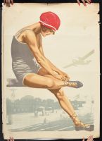 Woman putting on swim shoes #1